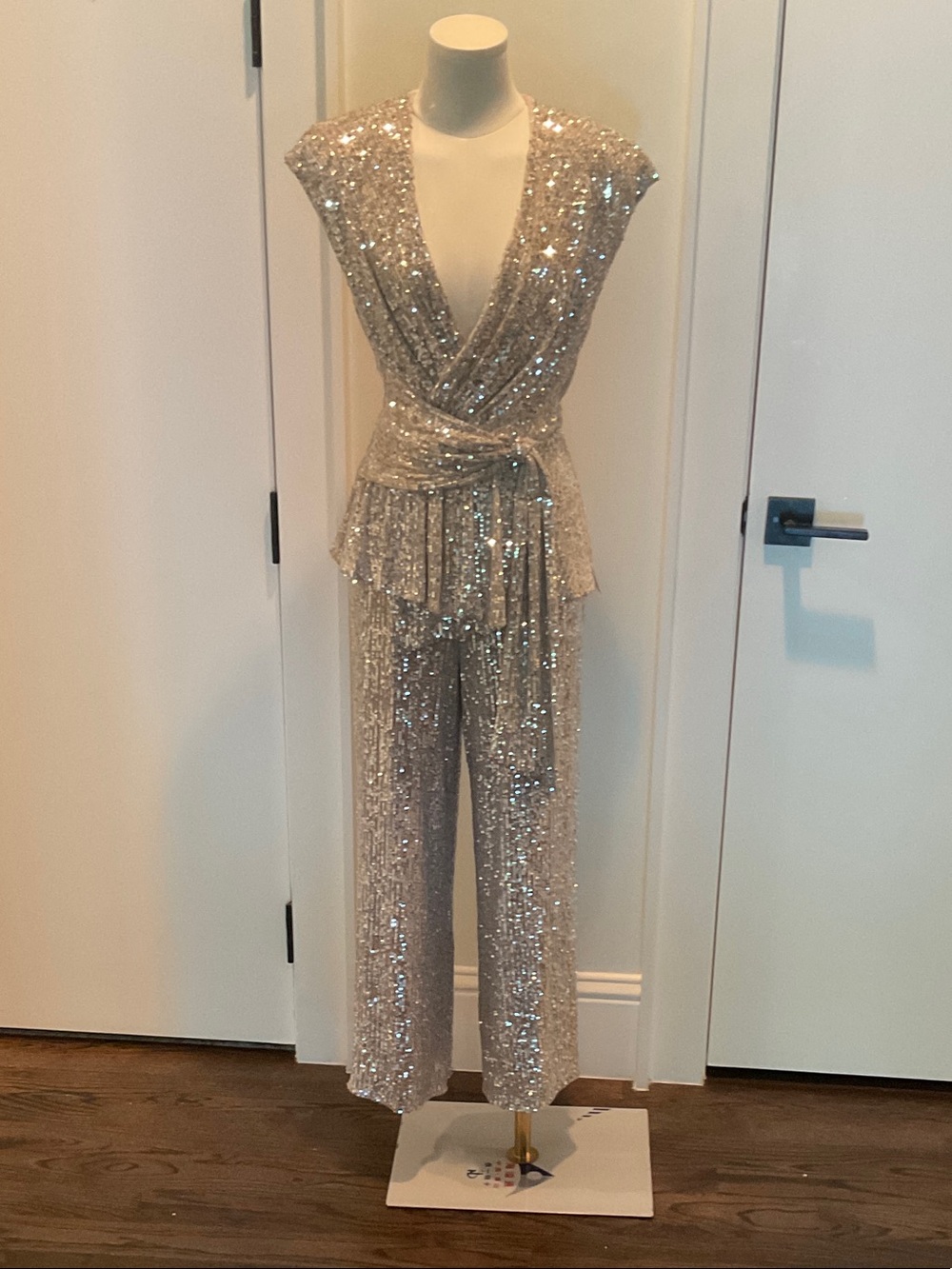 JAYGODFREY Champagne Sequin Wrap Jumpsuit